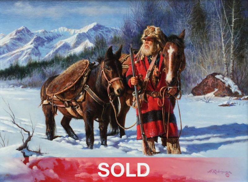 Alfredo Rodrigues Winter Journey mountain man trapper snow mountain horse mule western oil painting