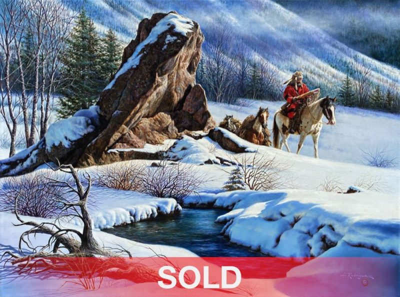 Alfredo Rodriguez To The Winter Rendezvous mountain man trapper horses snow rocks water stream river landscape western oil painting sold