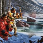 Alfredo Rodriguez Winter Hunters Native American bow arrow hunting ice snow icy stream river mountains western oil painting