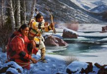 Alfredo Rodriguez Winter Hunters Native American bow arrow hunting ice snow icy stream river mountains western oil painting
