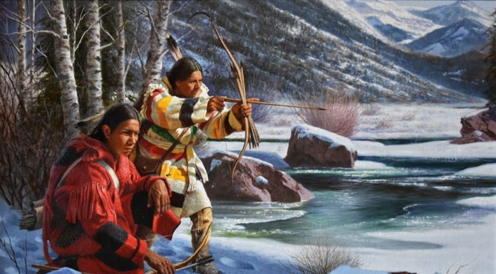 Alfredo Rodriguez Winter Hunters Native American bow arrow hunting ice snow icy stream river mountains western oil painting