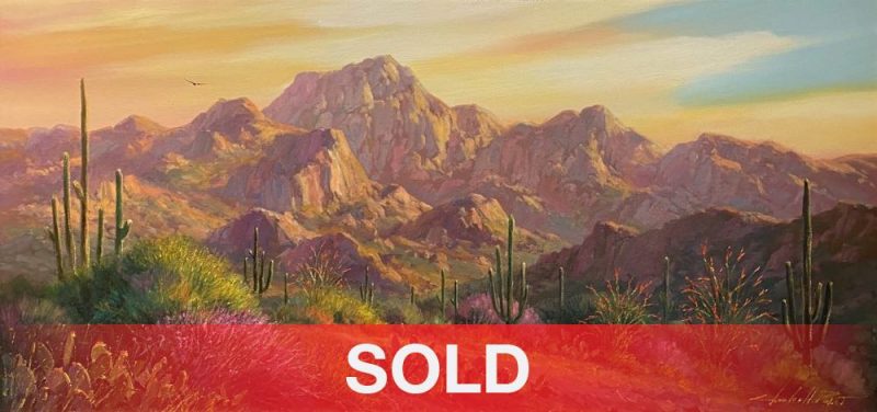 Charles Pabst Morning Serenity desert western landscape saguaro cacti cactus mountain flowers oil painting sold