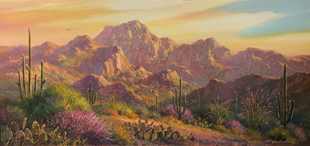 Charles Pabst Morning Serenity desert western landscape saguaro cacti cactus mountain flowers oil painting