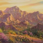 Charles Pabst Morning Serenity desert western landscape saguaro cacti cactus mountain flowers oil painting