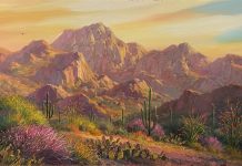 Charles Pabst Morning Serenity desert western landscape saguaro cacti cactus mountain flowers oil painting
