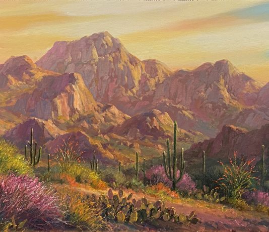 Charles Pabst Morning Serenity desert western landscape saguaro cacti cactus mountain flowers oil painting