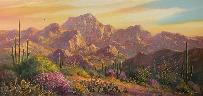 Charles Pabst Morning Serenity desert western landscape saguaro cacti cactus mountain flowers oil painting 