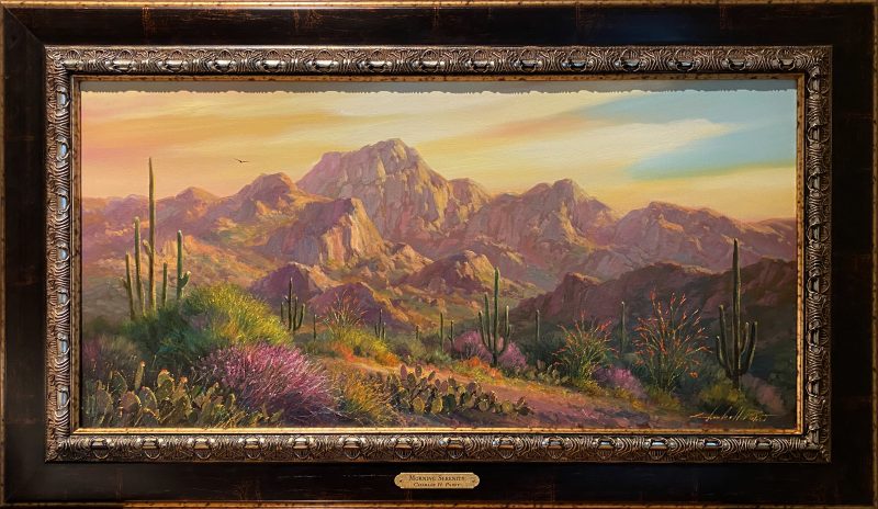 Charles Pabst Morning Serenity desert western landscape saguaro cacti cactus mountain flowers oil painting framed