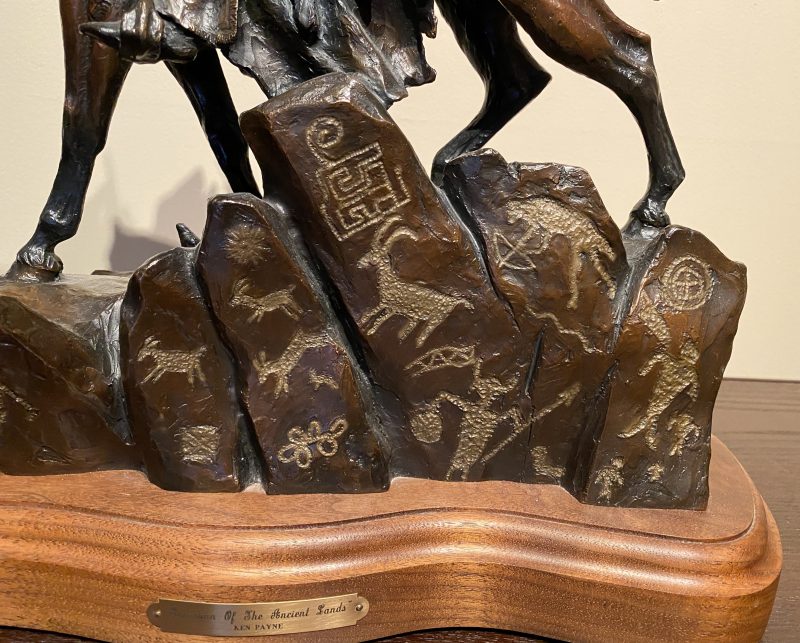 Ken Payne Guardian Of The Ancient Lands Native American Indian warrior horse horseback mountain western bronze petroglyphs sculpture close up