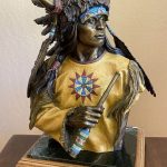 Ken Payne Sees Enemies Afar Native American Indian chief warrior telescope headdress feather western bronze sculpture sold