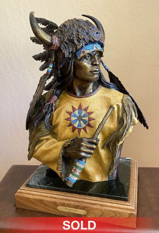 Ken Payne Sees Enemies Afar Native American Indian chief warrior telescope headdress feather western bronze sculpture sold