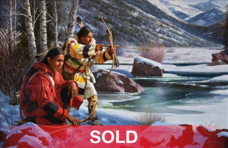 Alfredo Rodriguez Winter Hunters Native American bow arrow hunting ice snow icy stream river mountains western oil painting