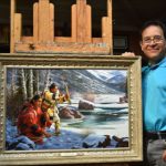 Alfredo Rodriguez Winter Hunters Native American bow arrow hunting ice snow icy stream river mountains western oil painting artist with painting