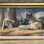 Bonnie Marris Three Wolves wildlife oil painting framed