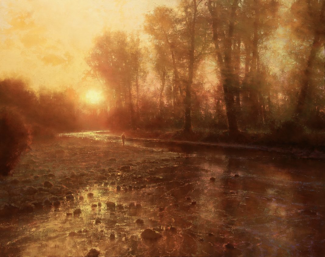 Brent Cotton Solitude of the River western landscape fish fly fishing oil painting stream river sunrise