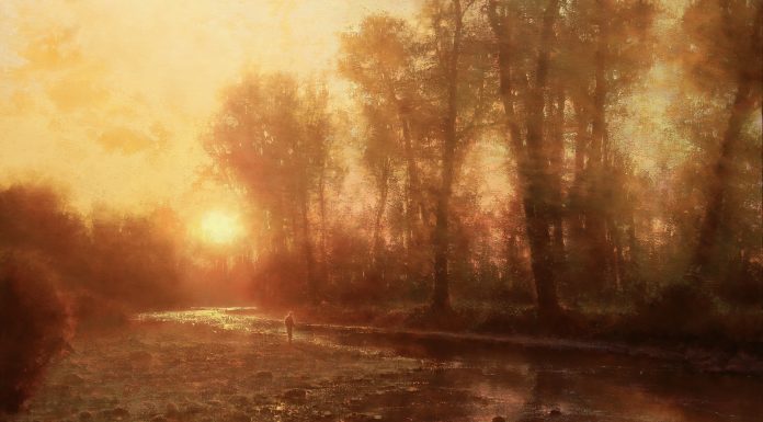 Brent Cotton Solitude of the River western landscape fish fly fishing oil painting stream river sunrise