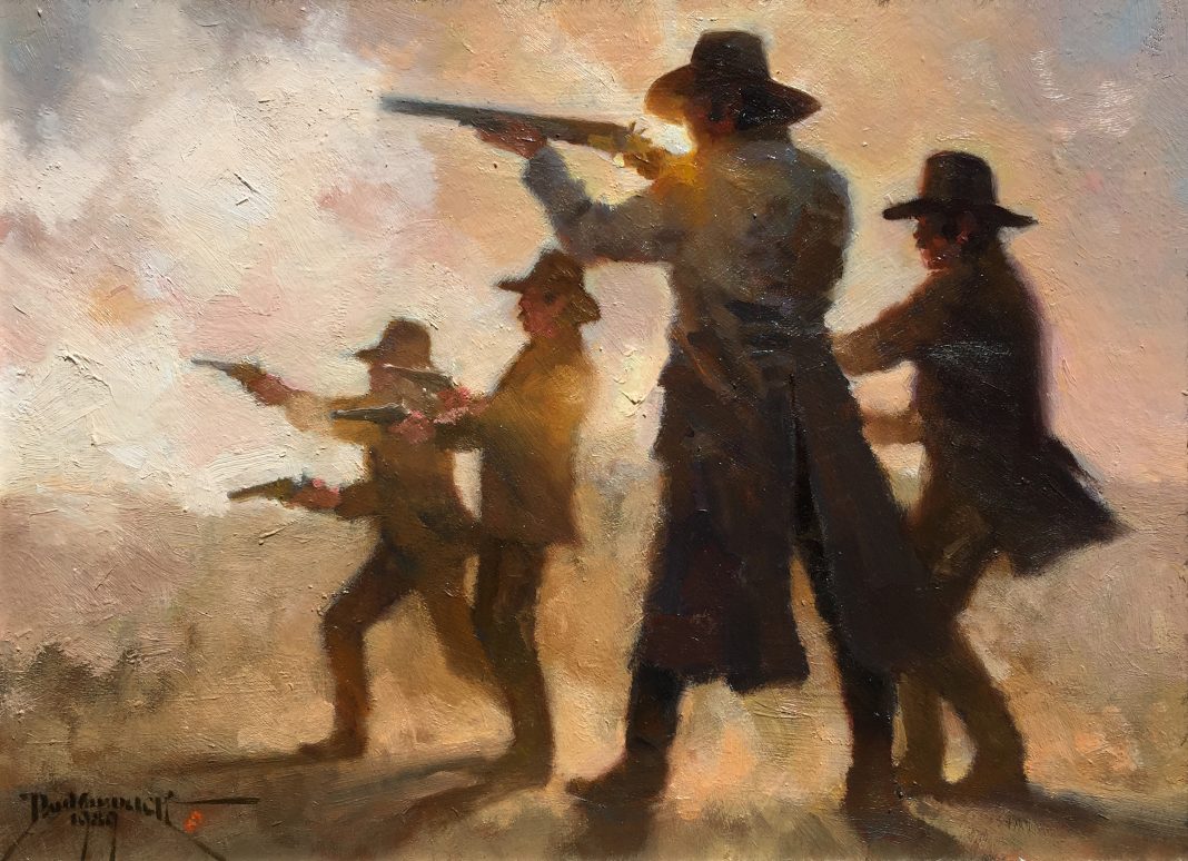 Dan Mieduch One Day At the OK Corral cowboys guns pistol rifle shoot out Arizona western oil painting