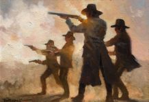 Dan Mieduch One Day At the OK Corral cowboys guns pistol rifle shoot out Arizona western oil painting