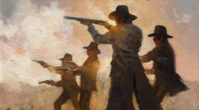 Dan Mieduch One Day At the OK Corral cowboys guns pistol rifle shoot out Arizona western oil painting