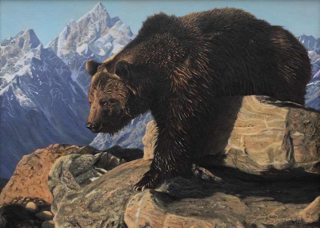 Adam Smith The Bear Climbed Over The Mountain grizzly wildlife acrylic painting