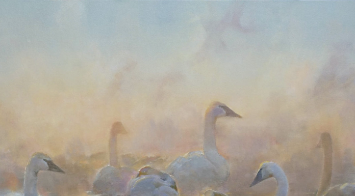 Andrew Peters Pleistocene Messengers geese gaggle pond lake wildlife oil painting