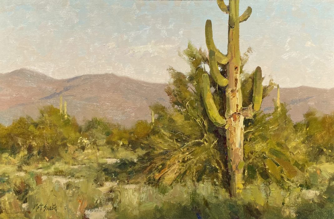 Matt Smith Aging Saguaro desert wash dry river bed mountains western landscape oil painting cacti cactus