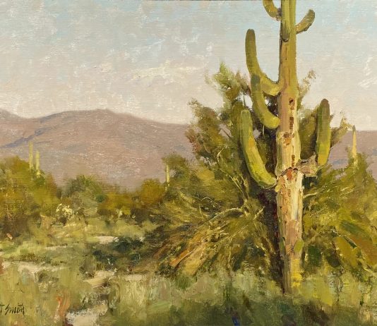 Matt Smith Aging Saguaro desert wash dry river bed mountains western landscape oil painting cacti cactus