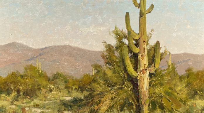 Matt Smith Aging Saguaro desert wash dry river bed mountains western landscape oil painting cacti cactus