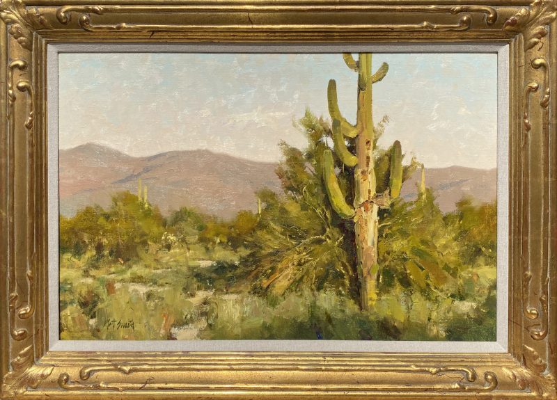 Matt Smith Aging Saguaro desert wash dry river bed mountains western landscape oil painting cacti cactus framed