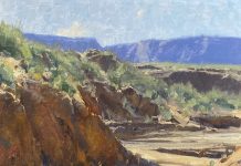 Matt Smith Arroyo desert wash dry river bed mountains western landscape oil painting