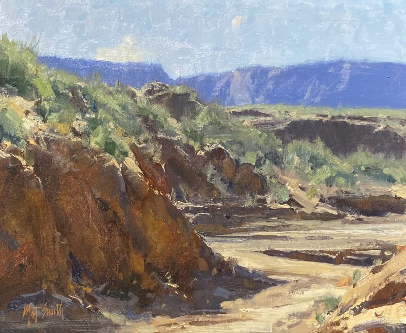 Matt Smith Arroyo desert wash dry river bed mountains western landscape oil painting