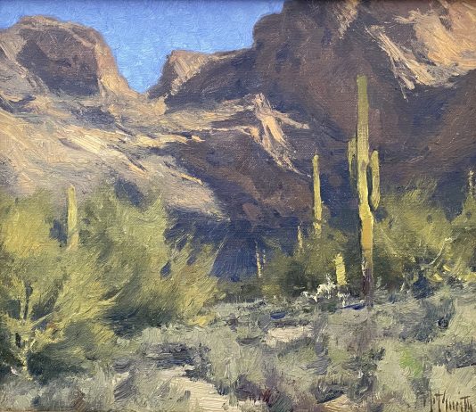 Matt Smith Bulldog Canyon Arizona desert wash cacti cactus saguaro mountains desert landscape oil painting