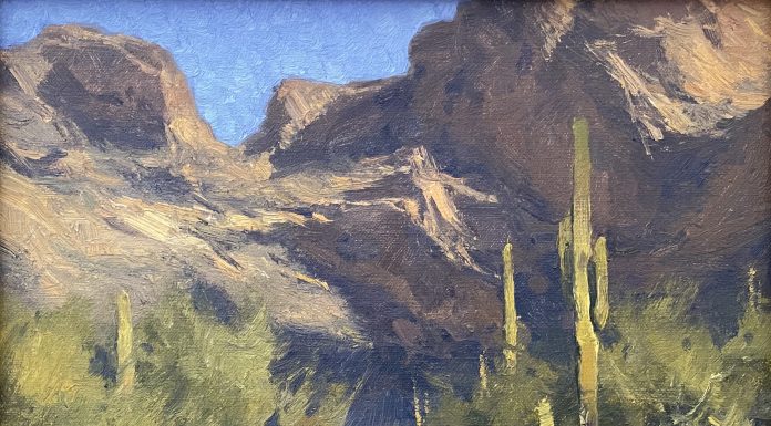 Matt Smith Bulldog Canyon Arizona desert wash cacti cactus saguaro mountains desert landscape oil painting