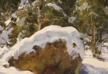 Matt Smith First Snow rock mountain snow trees wilderness landscape oil painting