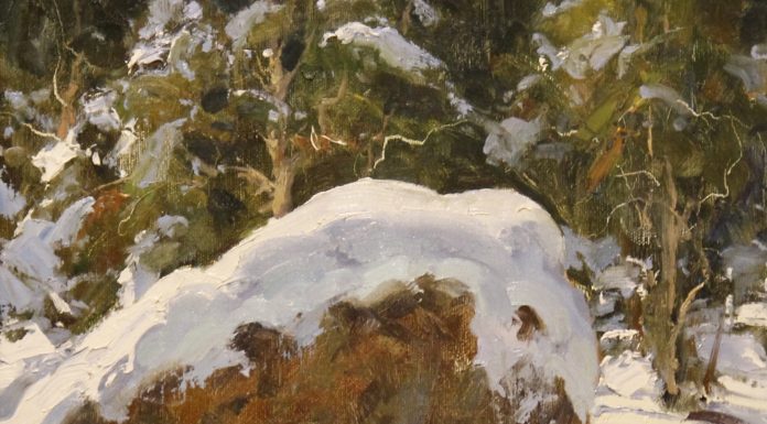 Matt Smith First Snow rock mountain snow trees wilderness landscape oil painting