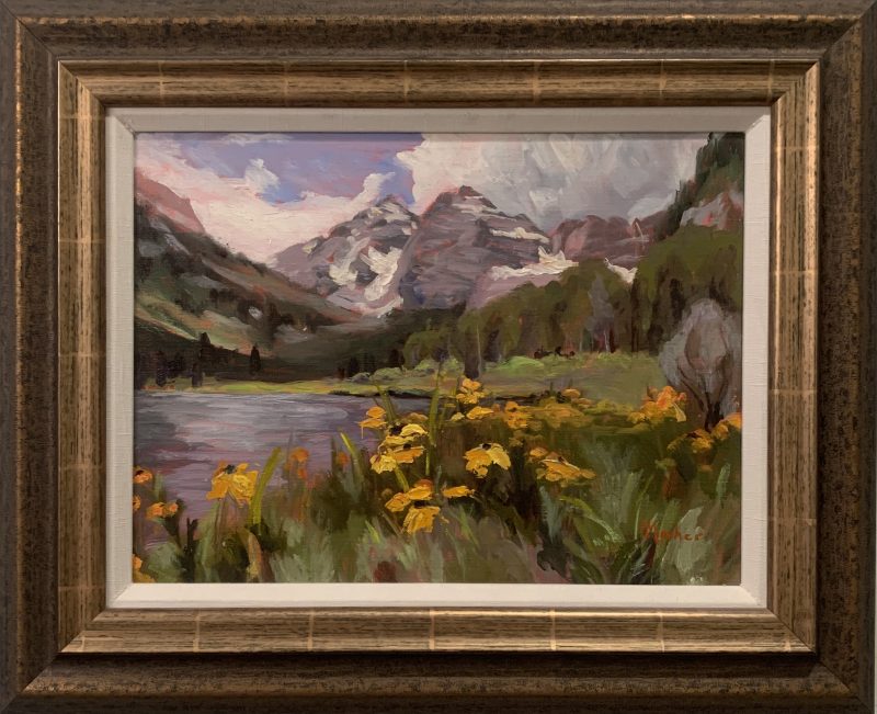 Anita Mosher Colorado Beauty sunflowers mountain snow lake river landscape oil painting framed