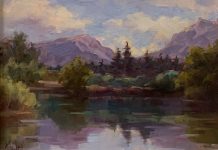 Cristy Kidwell Mountain Retreat lake mountains pine tree landscape oil painting