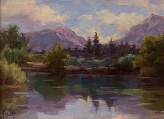 Cristy Kidwell Mountain Retreat lake mountains pine tree landscape oil painting