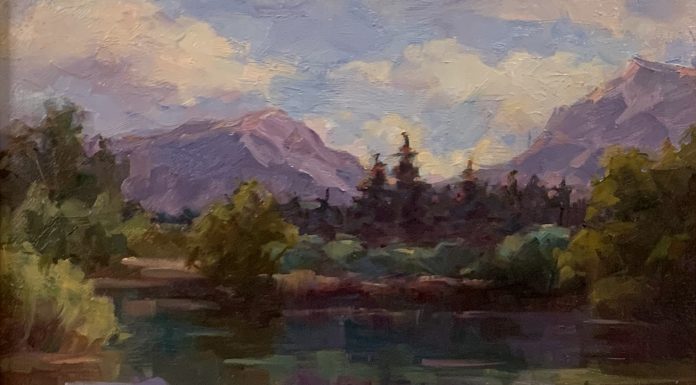 Cristy Kidwell Mountain Retreat lake mountains pine tree landscape oil painting