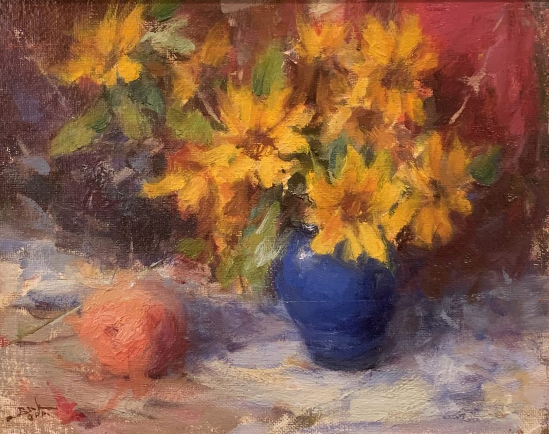 Dan Beck Sunflowers In Blue Vase still-life stillife sunflower peach fruit flower oil painting