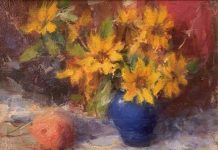 Dan Beck Sunflowers In Blue Vase still-life stillife sunflower peach fruit flower oil painting