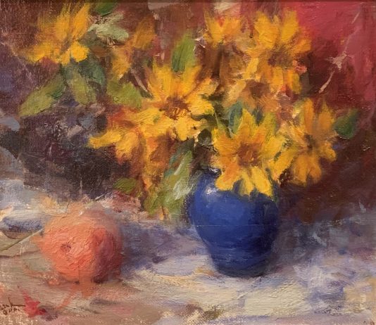 Dan Beck Sunflowers In Blue Vase still-life stillife sunflower peach fruit flower oil painting
