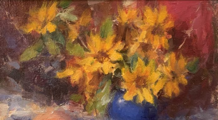 Dan Beck Sunflowers In Blue Vase still-life stillife sunflower peach fruit flower oil painting