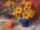 Dan Beck Sunflowers In Blue Vase still-life stillife sunflower peach fruit flower oil painting