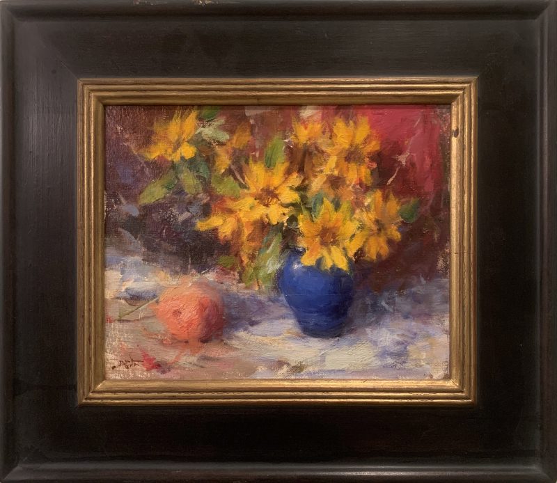 Dan Beck Sunflowers In Blue Vase still-life stillife sunflower peach fruit flower oil painting framed