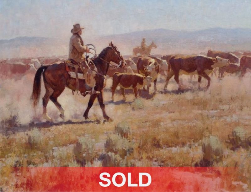 Jim Norton Eatin Dust Cowboy horse cattle drive cow equine ranch western oil painting sold