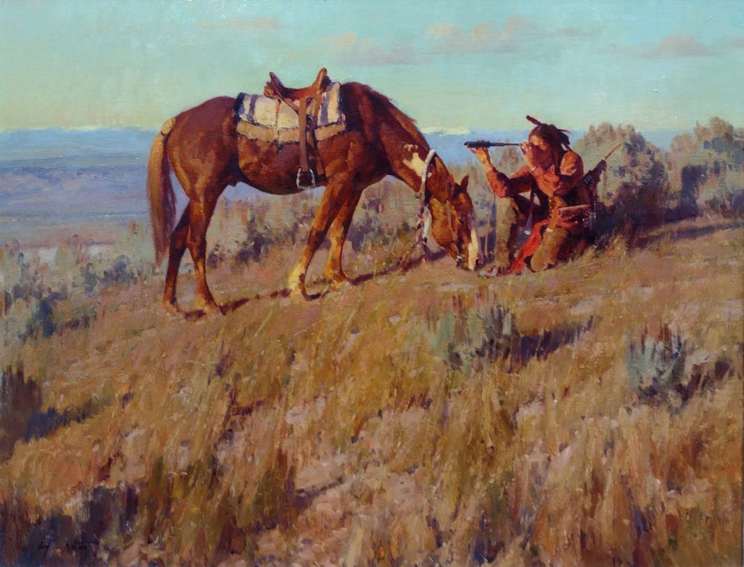 Jim Norton The Scout Native American Indian horse saddle telescope western oil painting