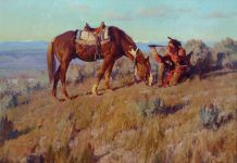 Jim Norton The Scout Native American Indian horse saddle telescope western oil painting