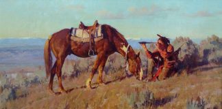 Jim Norton The Scout Native American Indian horse saddle telescope western oil painting