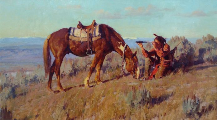 Jim Norton The Scout Native American Indian horse saddle telescope western oil painting